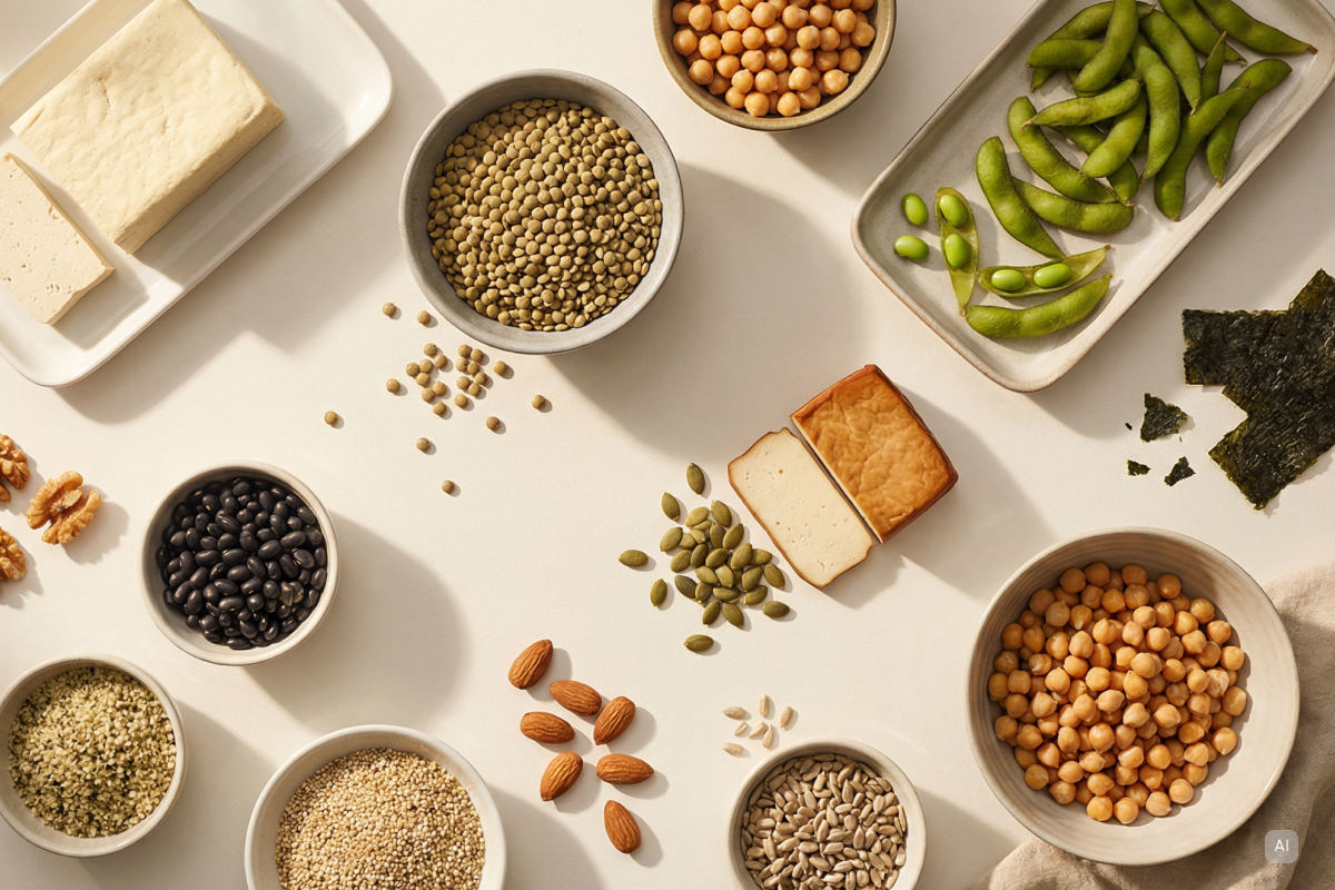 Verschiedene vegane Proteinquellen im Überblick - Bild KI generiert