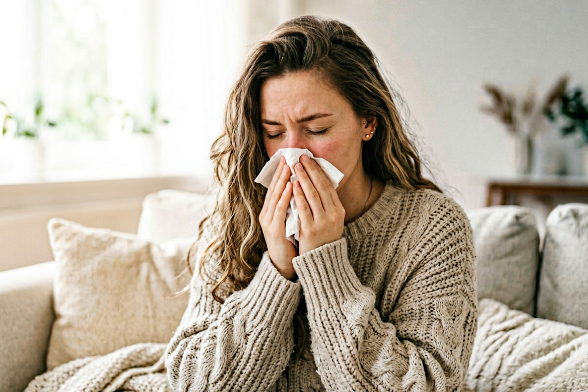 Erkältete Frau putzt sich die Nase: Wann kann sie wieder Sport machen?