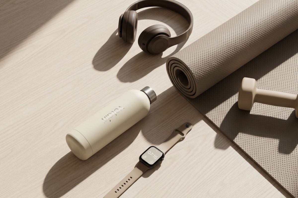 Verschiedene Sportsachen auf dem Boden: Hanteln, eine Trinkflasche, eine Sportmatte und mehr