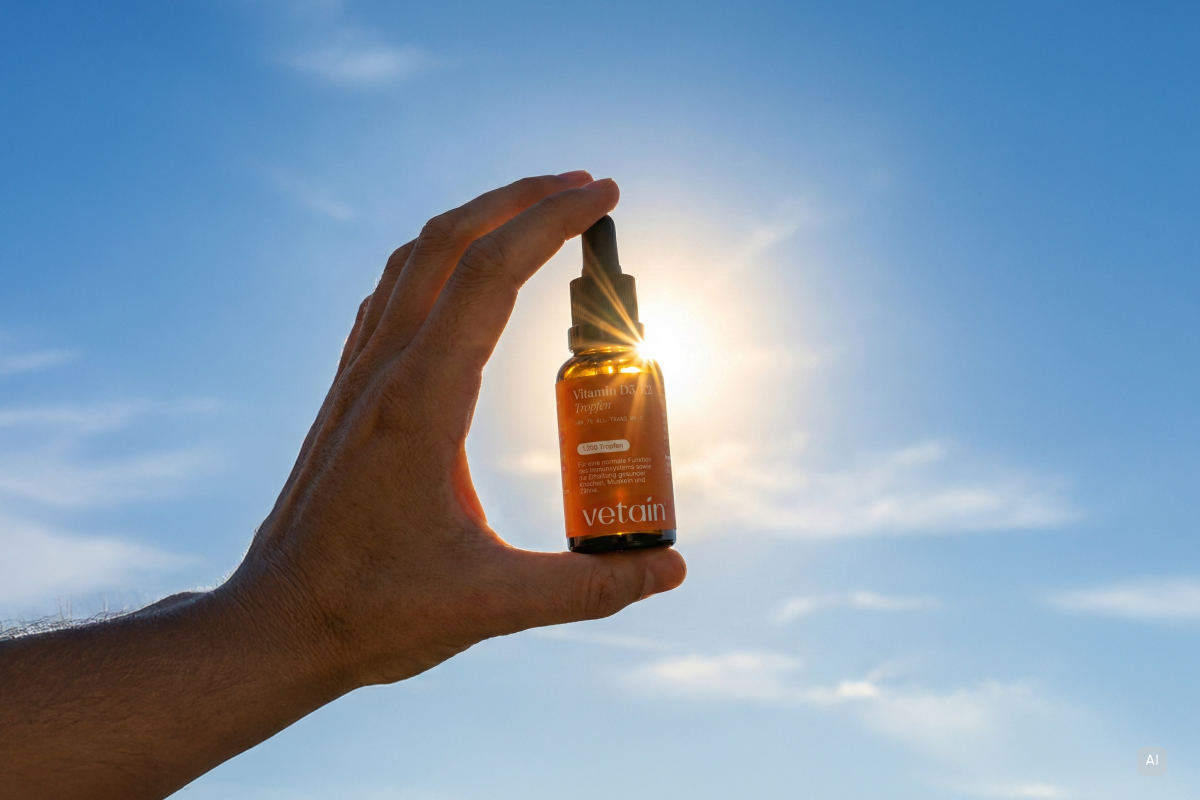 Vitamin D Tropfen von Vetain werden von einer Hand in die Sonne gehalten - Bild KI generiert