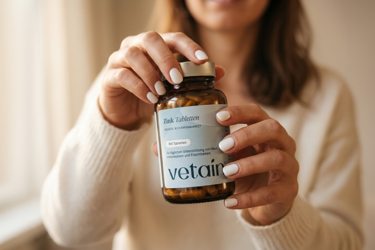 Frau hält ein Glas mit hochwertigen Zinktabletten von vetain während sie erfährt, wofür Zink gut ist