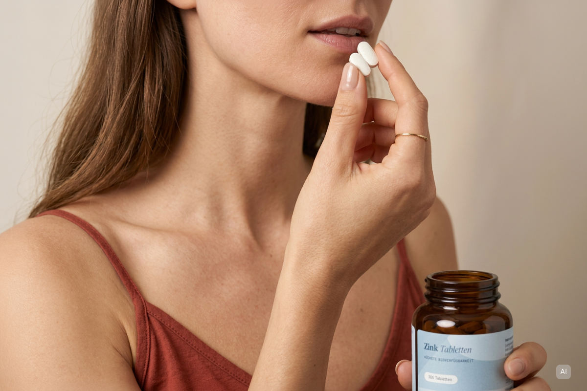 Frau nimmt Zink Tabletten von Vetain ein, weil sie jetzt weiß, wie viel Zink am Tag sie braucht - Bild KI generiert