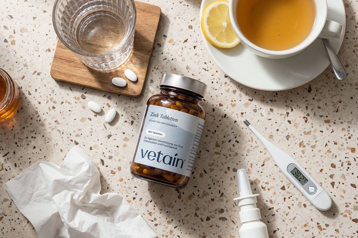 Vetains Zink Tabletten neben Tee, Tempos und einem Fieberthermometer