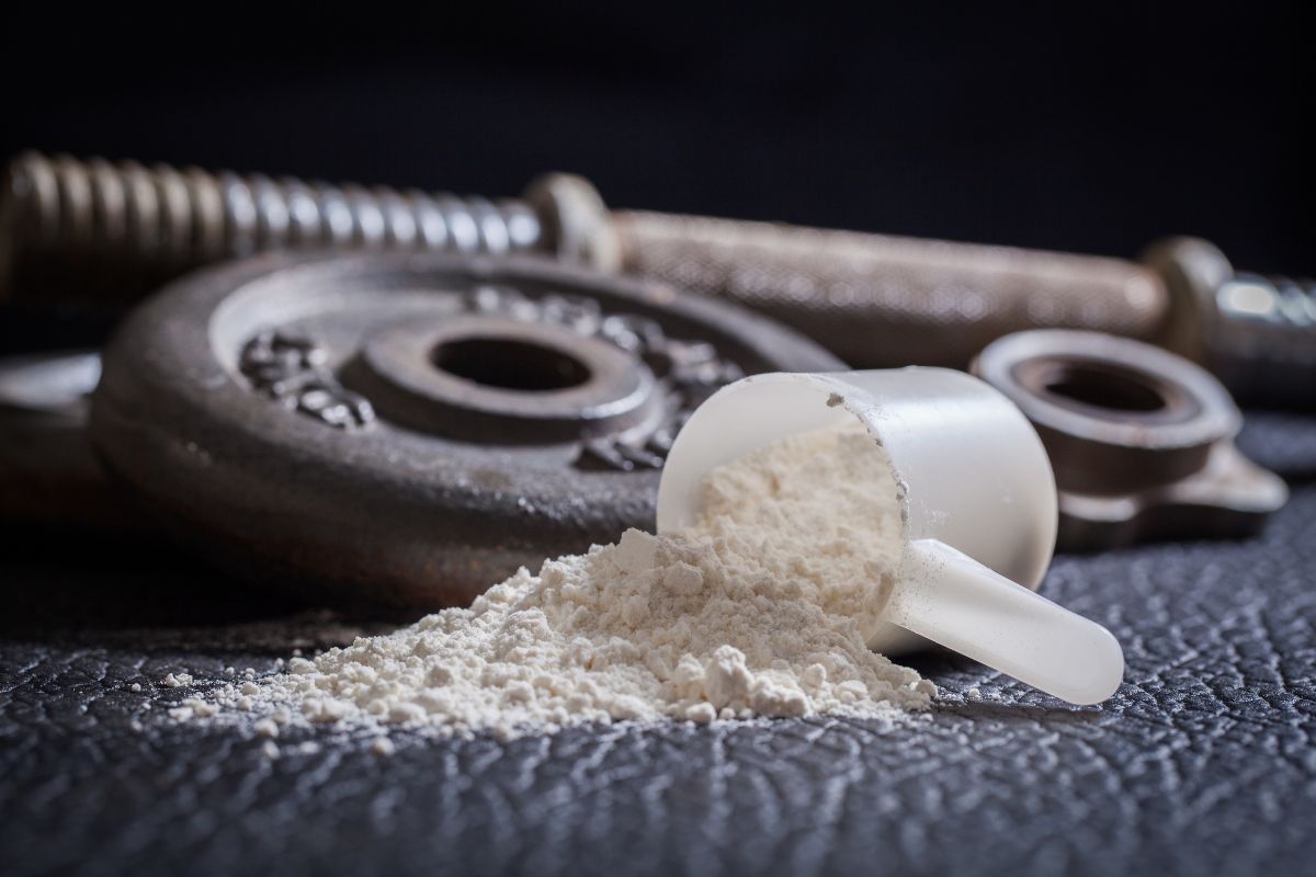 Whey Protein in einem Plastikscoop, im Hintergrund Hanteln
