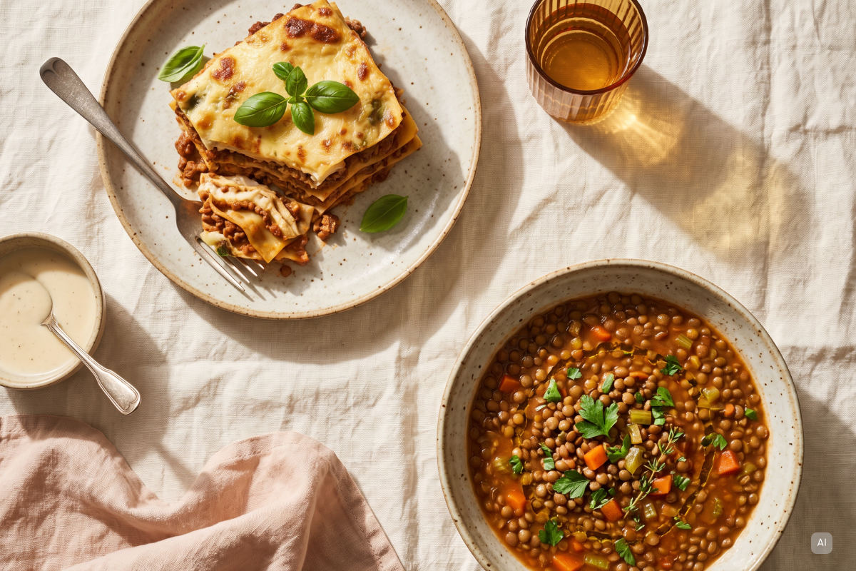 Proteinreiche Rezepte mit Lasagne und Linseneintopf zum Mittagessen - Bild KI generiert