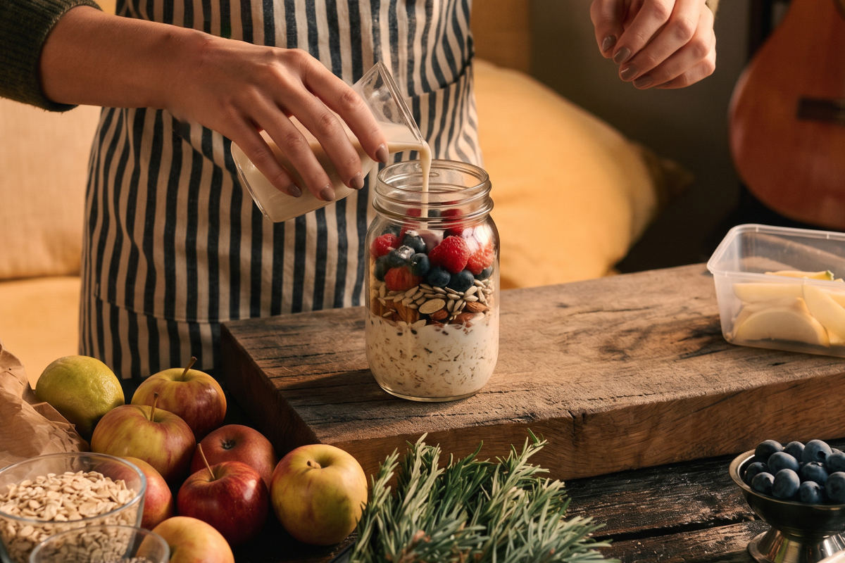 Eine Person bereitet ein Meal Prep Frühstück im Glas vor.