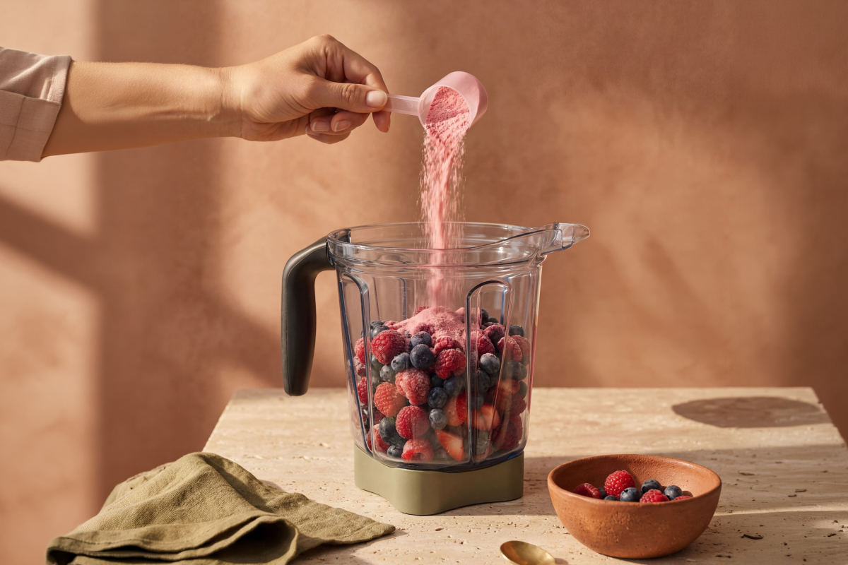 Proteinpulver wird in Mixer mit Beeren gegeben