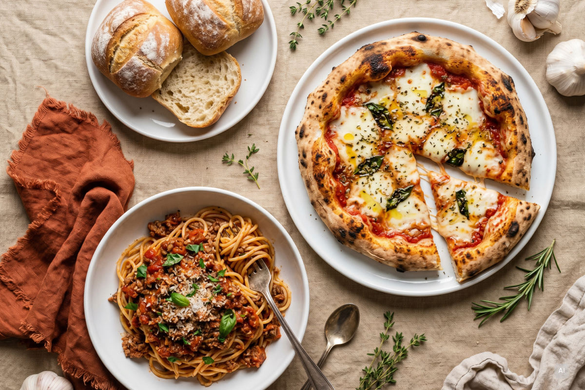Teller mit schnellen veganen Rezepten: Pizza, Brötchen, Spaghetti Bolognese - Bild KI generiert