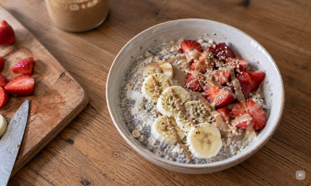 Protein Chia Pudding mit Erdbeeren und Banane - Bild KI-generiert
