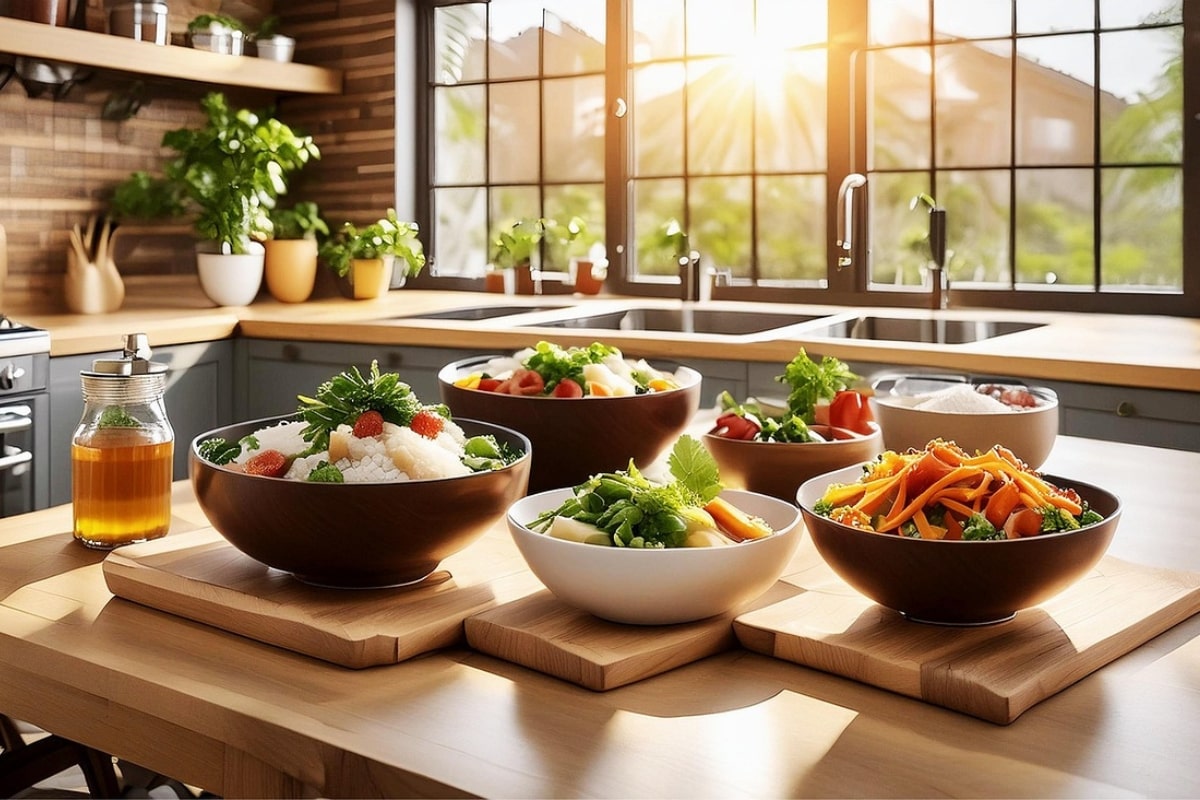 verschiedene vegane Rezepte auf einem Tisch