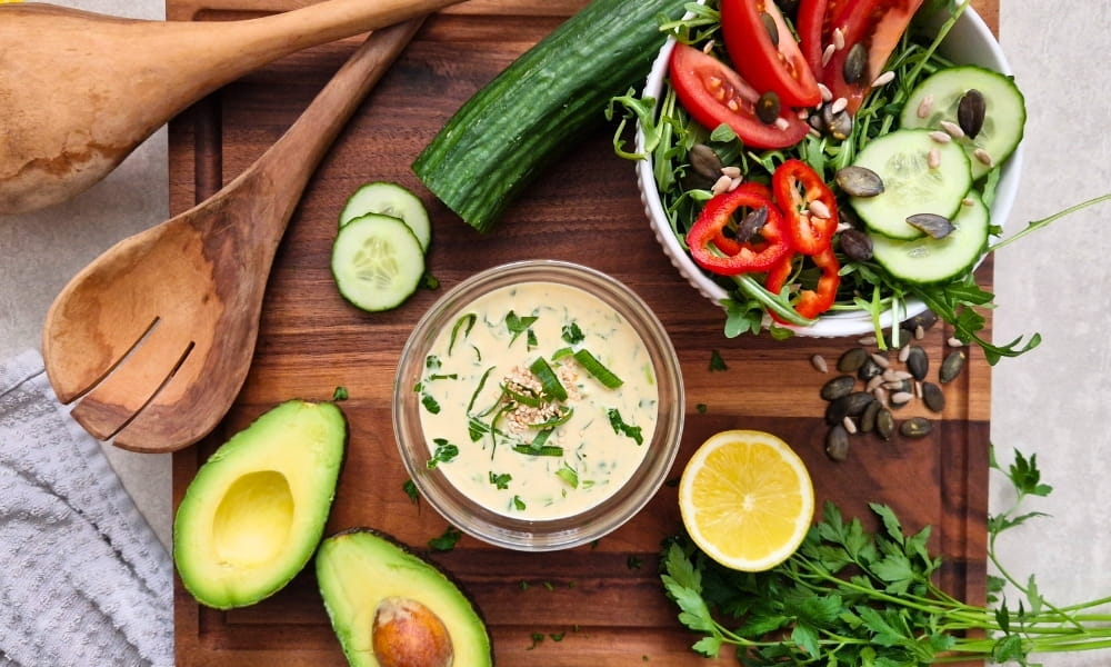 Leckeres Tahini Dressing in einer Schale, daneben Salat und frische Zutaten