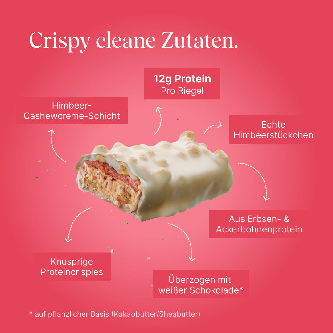 Vetain Crispy Proteinriegel Berry mit crispy cleanen Zutaten. Himbeer-Cashew Cremeschicht, 12g Protein pro Riegel, echte Himbeerstückchen, aus Erbsen- & Ackerbohnenprotein, überzogen mit weißer Schokolade (Kakaobutter/Sheabutter), knusprige Proteincrispies