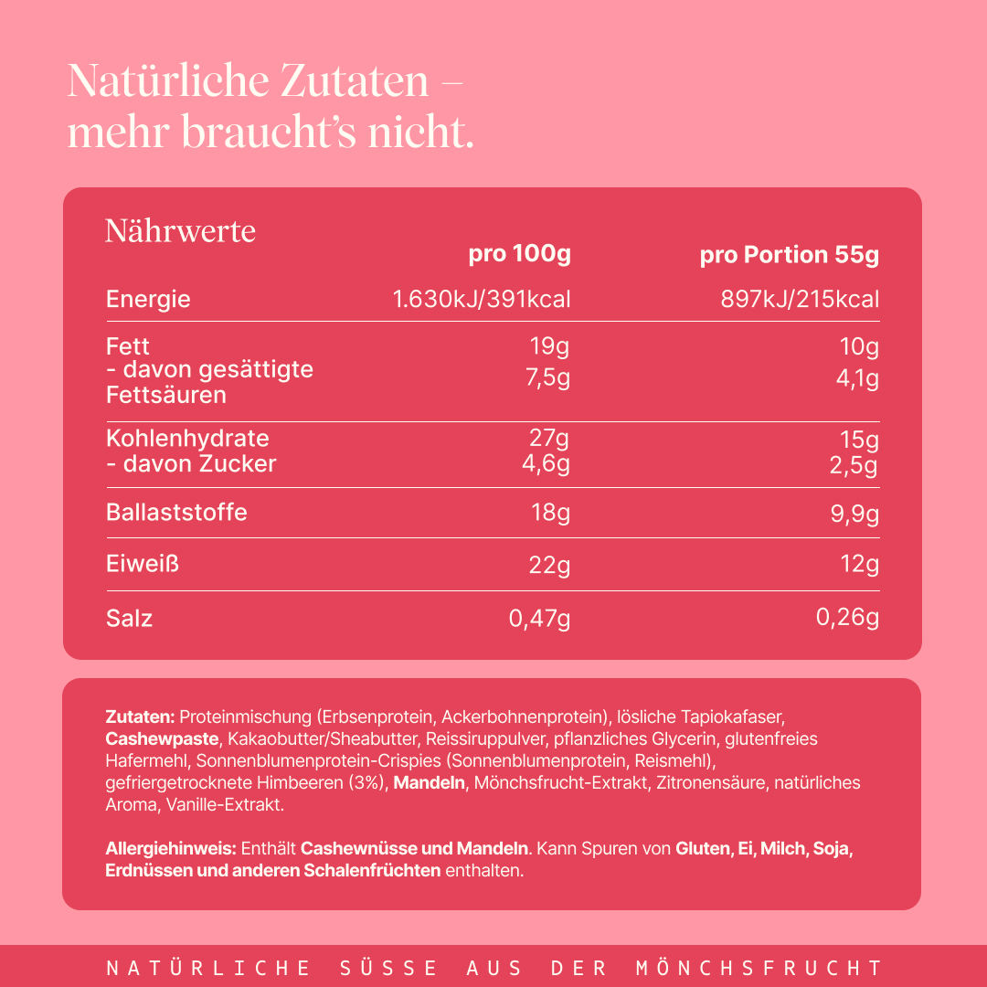 Vetain Crispy Proteinriegel Berry mit natürlichen Zutaten. Angabe der Nährwerte und Zutaten.