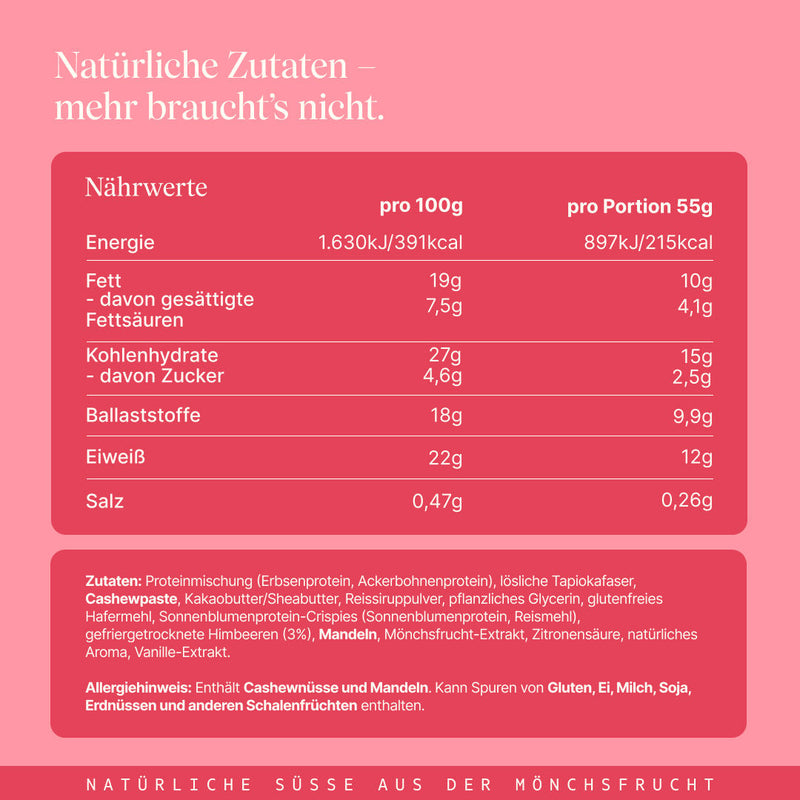 Vetain Crispy Proteinriegel Berry mit natürlichen Zutaten. Angabe der Nährwerte und Zutaten.