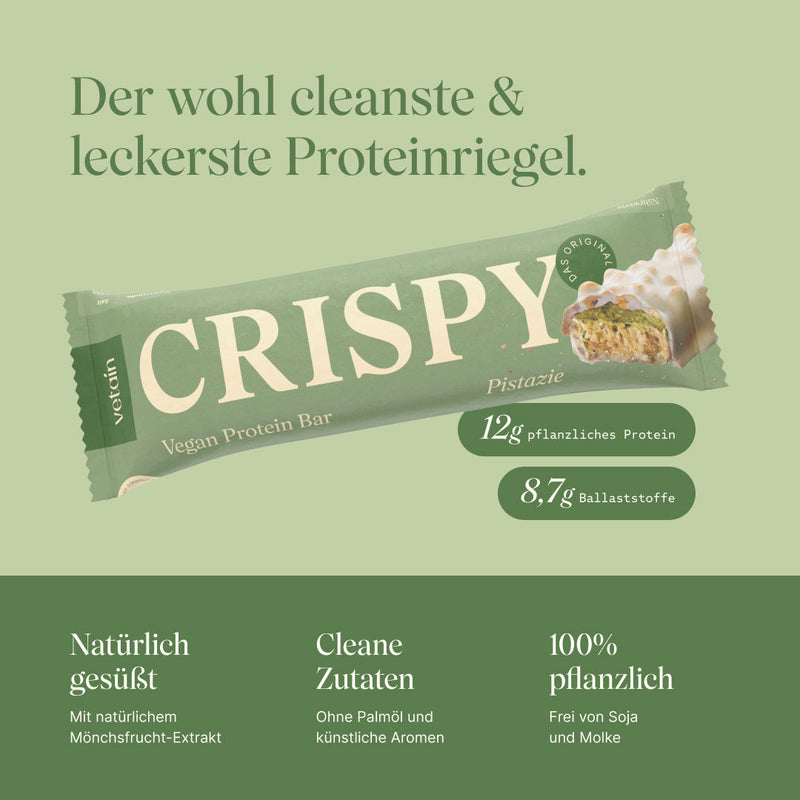 Vetain veganer Proteinriegel Crispy Pistazie  mit 12g pflanzliches Protein und 8,7g Ballaststoffen. Natürlich gesüßt mit Mönchsfrucht-Extrakt, ohne Palmöl und künstliche Aromen, frei von Soja und Molke, 100% pflanzlich