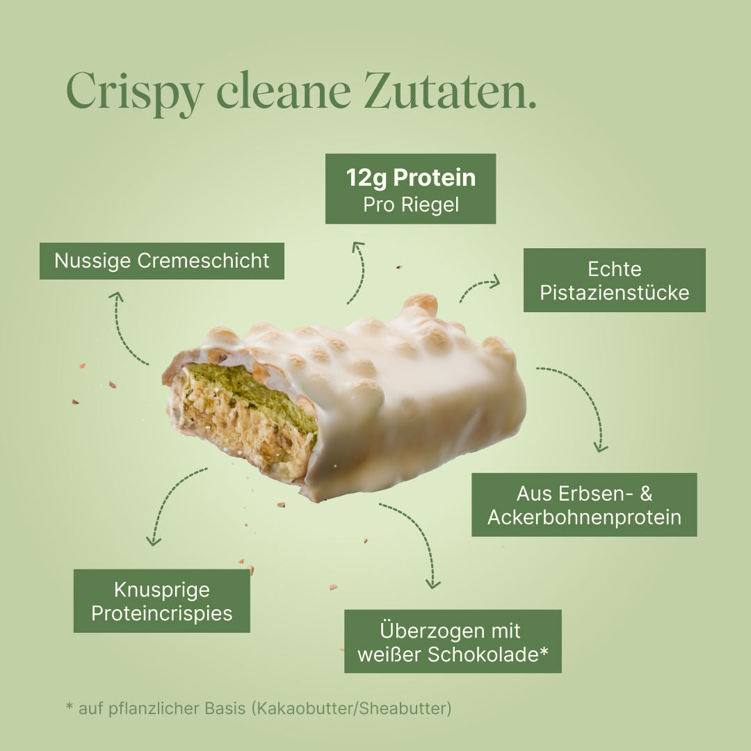 Vetain veganer Proteinriegel Crispy Pistazie mit crispy cleanen Zutaten. 12g Protein pro Riegel, echte Pistazienstücke, aus Erbsen- & Ackerbohnenprotein, überzogen mit weißer Schokolade, (Kakaobutter/Sheabutter) knusprige Proteincrispies, nussige Cremeschicht