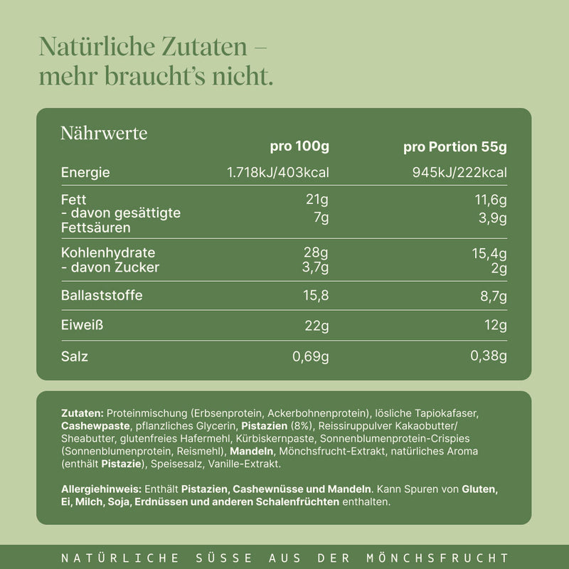 Vetain veganer Proteinriegel Crispy Pistazie mit natürlichen Zutaten und natürlicher Süße aus der Mönchsfrucht. 12g Protein und 227 kcal pro Riegel