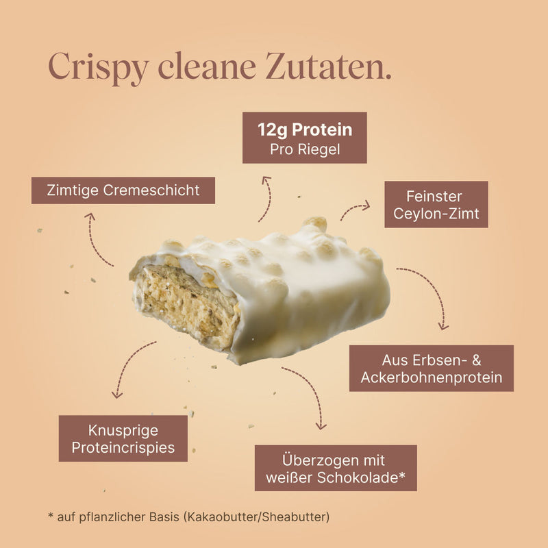 Vetain Crispy Proteinriegel Zimtschnecke mit crispy cleanen Zutaten. Zimtige Cremeschicht, 12g Protein pro Riegel, feinster Ceylon-Zimt, aus Erbsen- & Ackerbohnenprotein, überzogen mit weißer Schokolade (Kakaobutter/Sheabutter), knusprige Proteincrispies