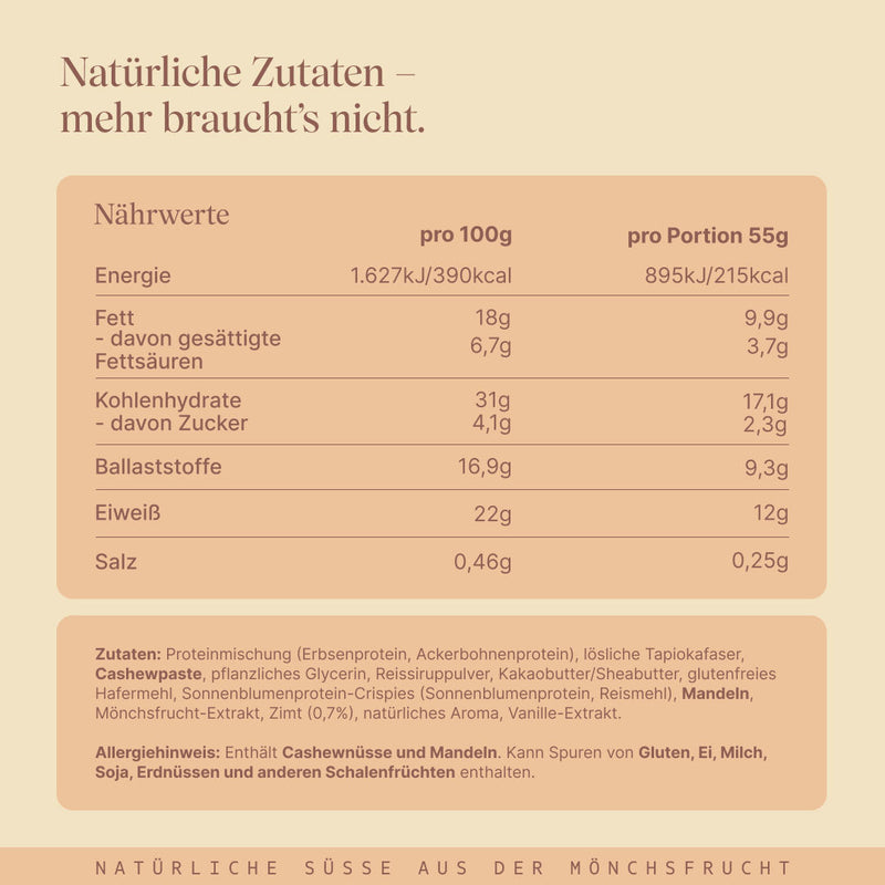 Vetain Crispy Proteinriegel Zimtschnecke mit natürlichen Zutaten. Angabe der Nährwerte und Zutaten.