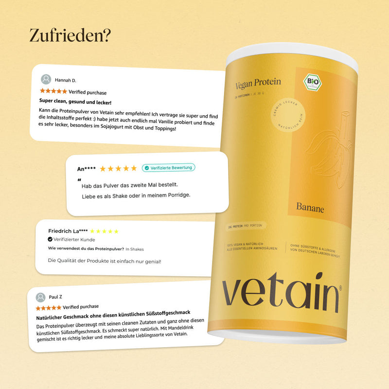 Glückliche Kundenbewertungen von Vetain. Zufriedene Social Media Kommentare und Bewertungen über das vegane Proteinpulver Banane von Vetain.