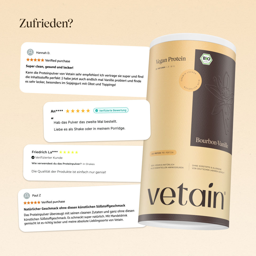 Glückliche Kundenbewertungen von Vetain. Zufriedene Social Media Kommentare und Bewertungen über das vegane Proteinpulver von Vetain.