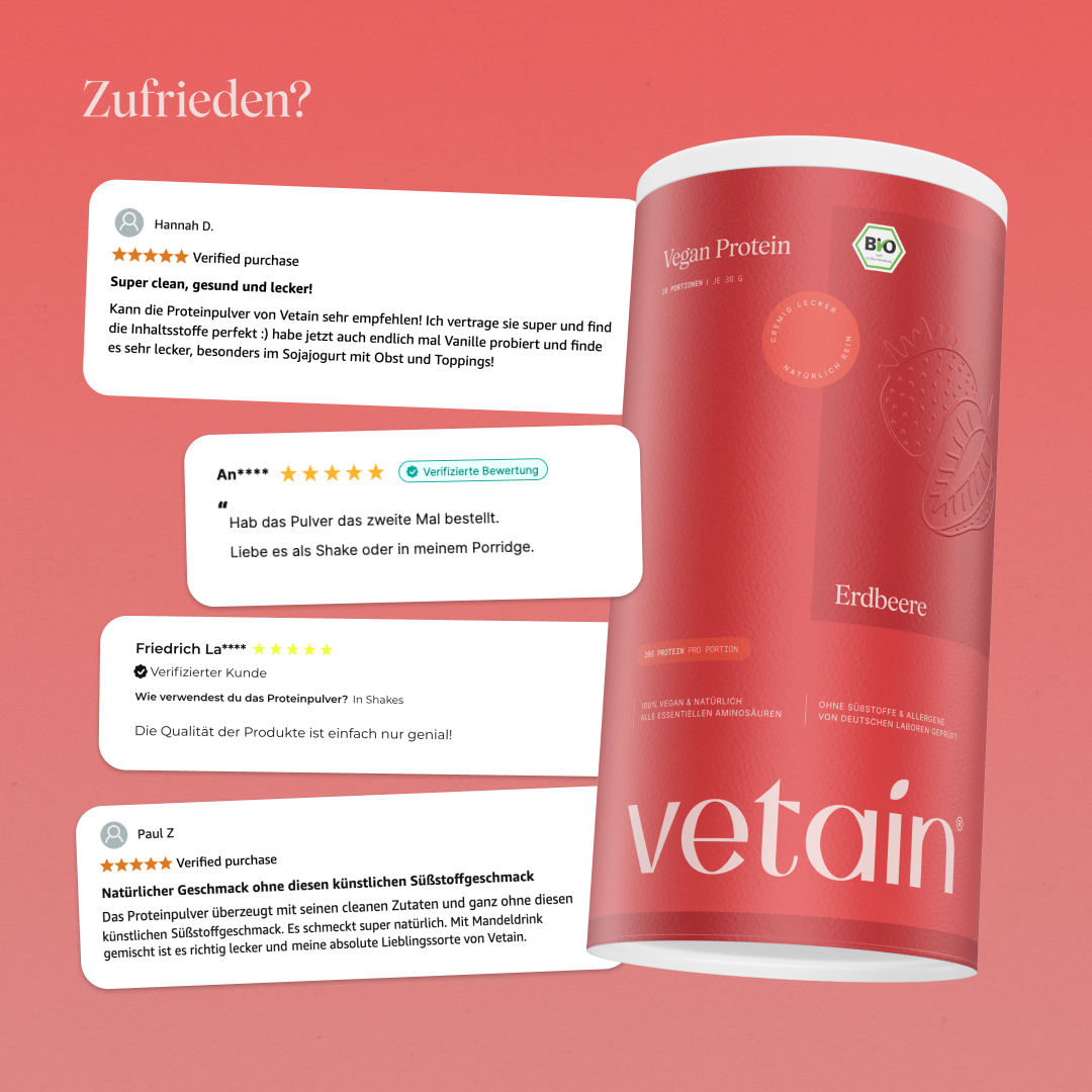 Glückliche Kundenbewertungen von Vetain. Zufriedene Social Media Kommentare und Bewertungen über das vegane Proteinpulver Erdbeere von Vetain.