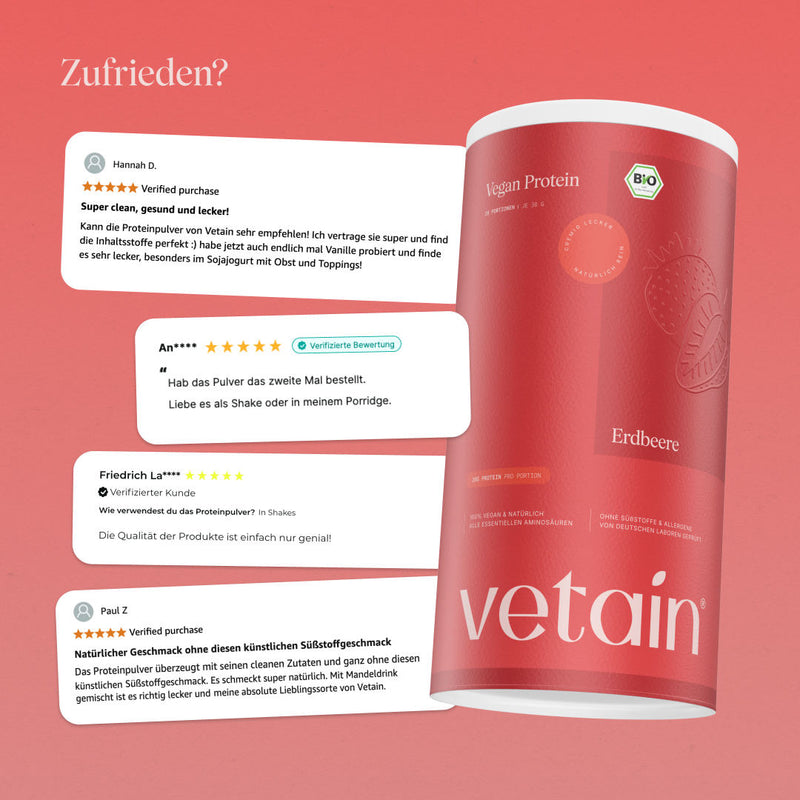 Glückliche Kundenbewertungen von Vetain. Zufriedene Social Media Kommentare und Bewertungen über das vegane Proteinpulver Erdbeere von Vetain.