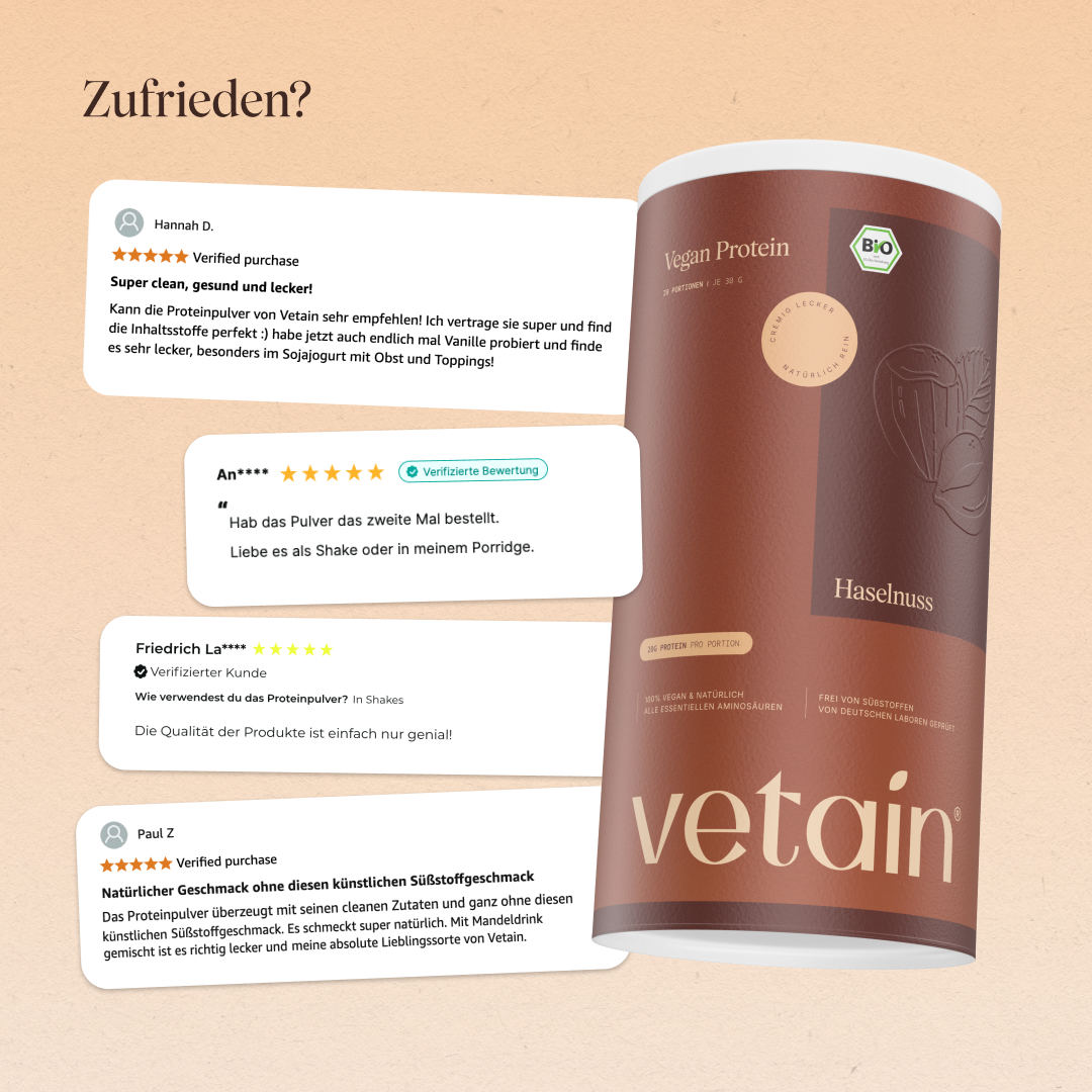 Glückliche Kundenbewertungen von Vetain. Zufriedene Social Media Kommentare und Bewertungen über das vegane Proteinpulver Haselnuss von Vetain.