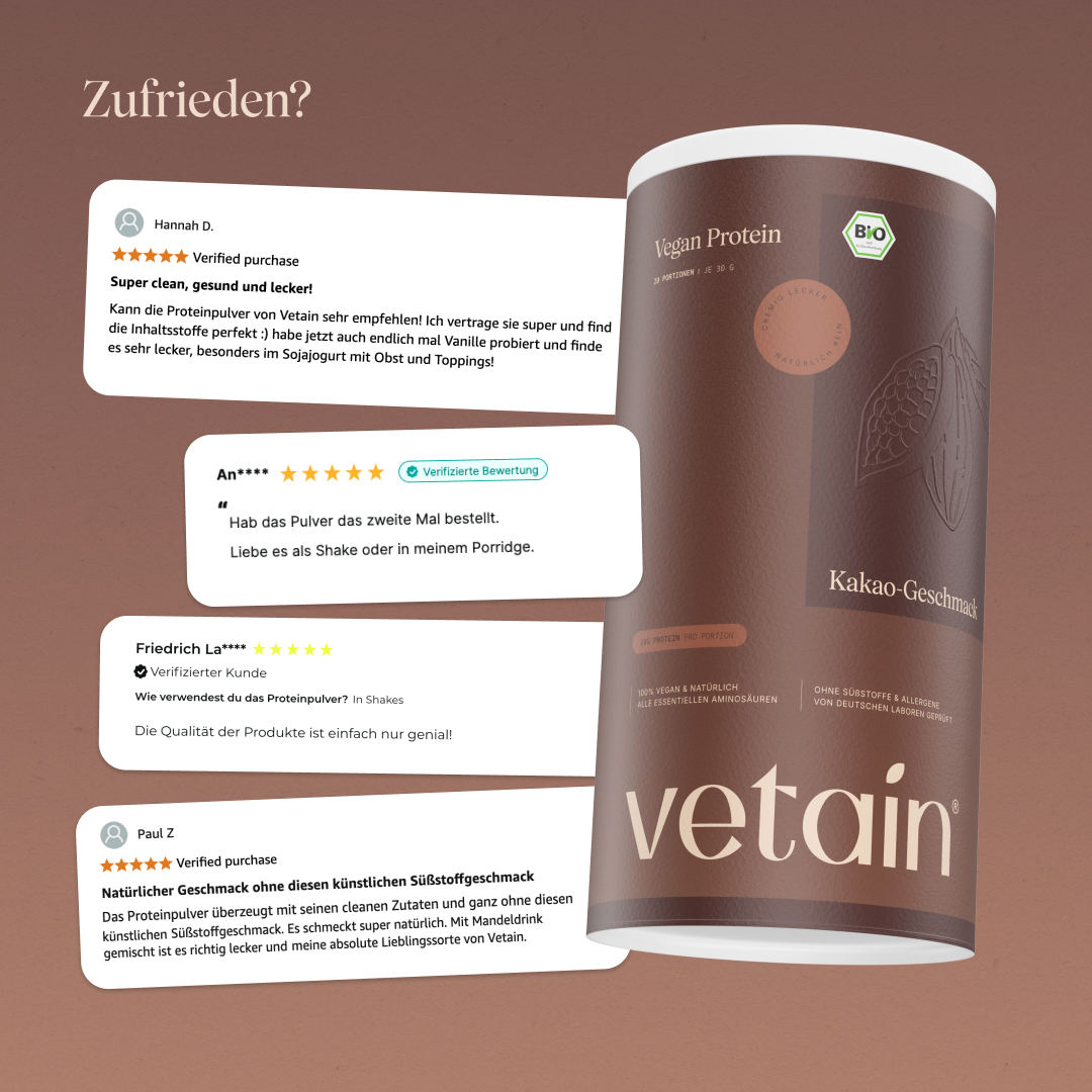 Glückliche Kundenbewertungen von Vetain. Zufriedene Social Media Kommentare und Bewertungen über das vegane Proteinpulver Kakao von Vetain.