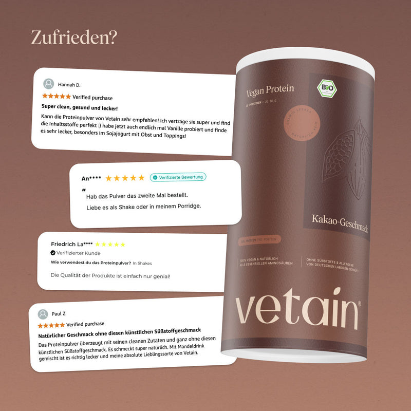 Glückliche Kundenbewertungen von Vetain. Zufriedene Social Media Kommentare und Bewertungen über das vegane Proteinpulver Kakao von Vetain.