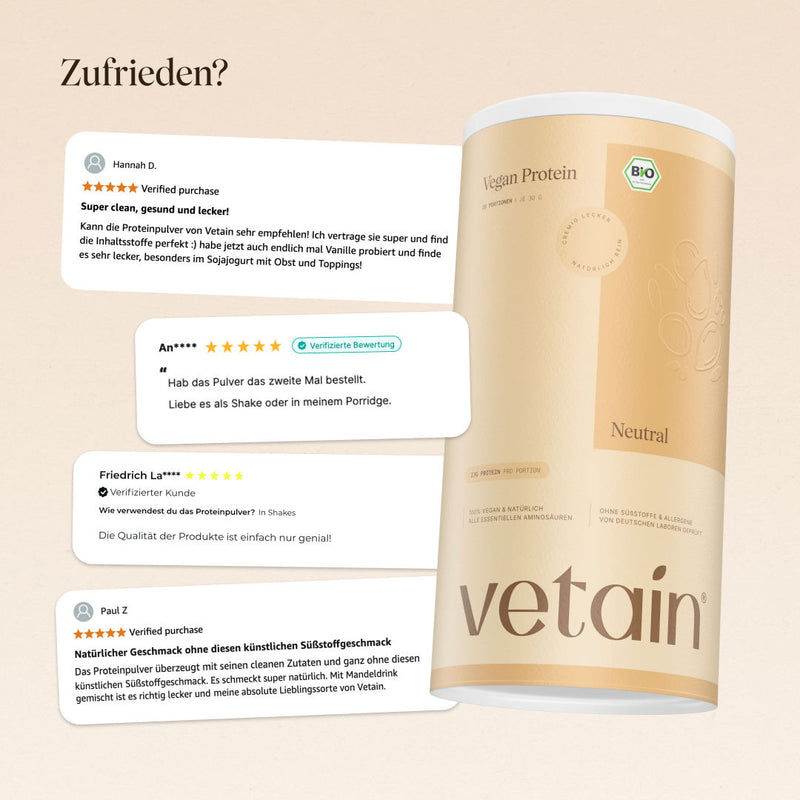 Glückliche Kundenbewertungen von Vetain. Zufriedene Social Media Kommentare und Bewertungen über das vegane Proteinpulver Neutraler Geschmack von Vetain.
