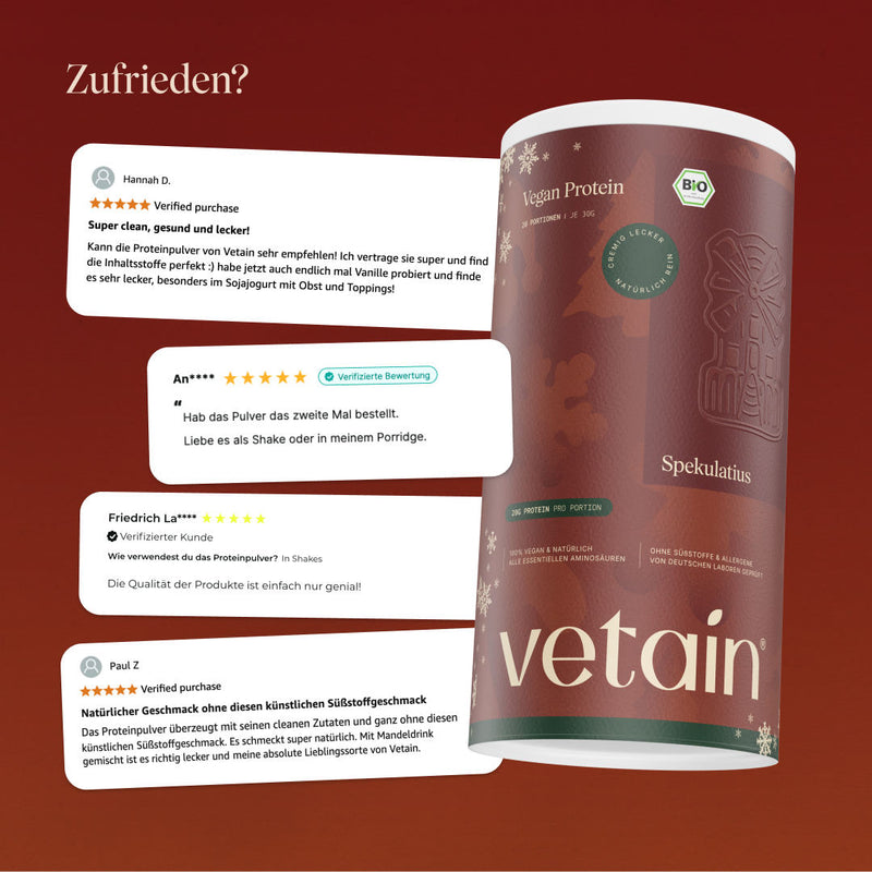 Glückliche Kundenbewertungen von Vetain. Zufriedene Social Media Kommentare und Bewertungen über das vegane Proteinpulver Spekulatius von Vetain.