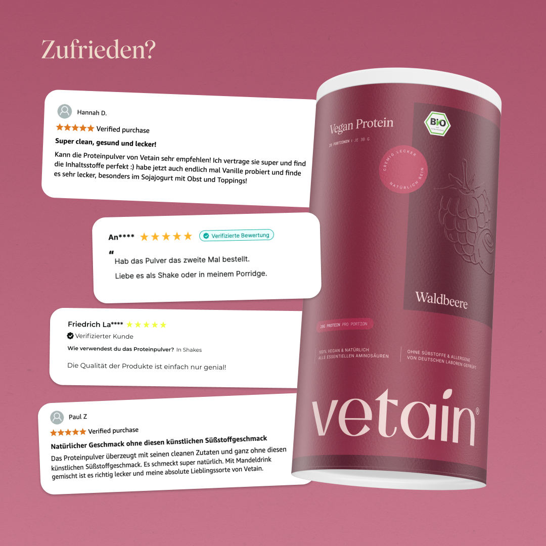 Glückliche Kundenbewertungen von Vetain. Zufriedene Social Media Kommentare und Bewertungen über das vegane Proteinpulver Waldbeere von Vetain.