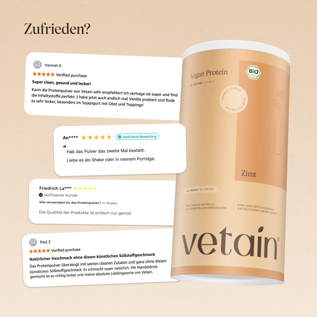 Glückliche Kundenbewertungen von Vetain. Zufriedene Social Media Kommentare und Bewertungen über das vegane Proteinpulver Zimt von Vetain.