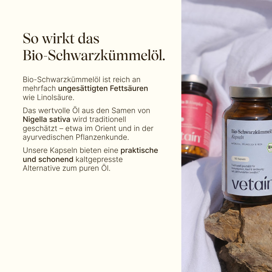 Auflistung der Wirkungsweise von Schwarzkümmelöl und zu was dieses alles beiträgt wie dass es reich an mehrfach ungesättigten Fettsäuren wie Linolsäure ist, traditionell im Orient und ayurvedischen Pflanzenkunde geschätzt wird und es schonend kaltgepresstes Öl ist