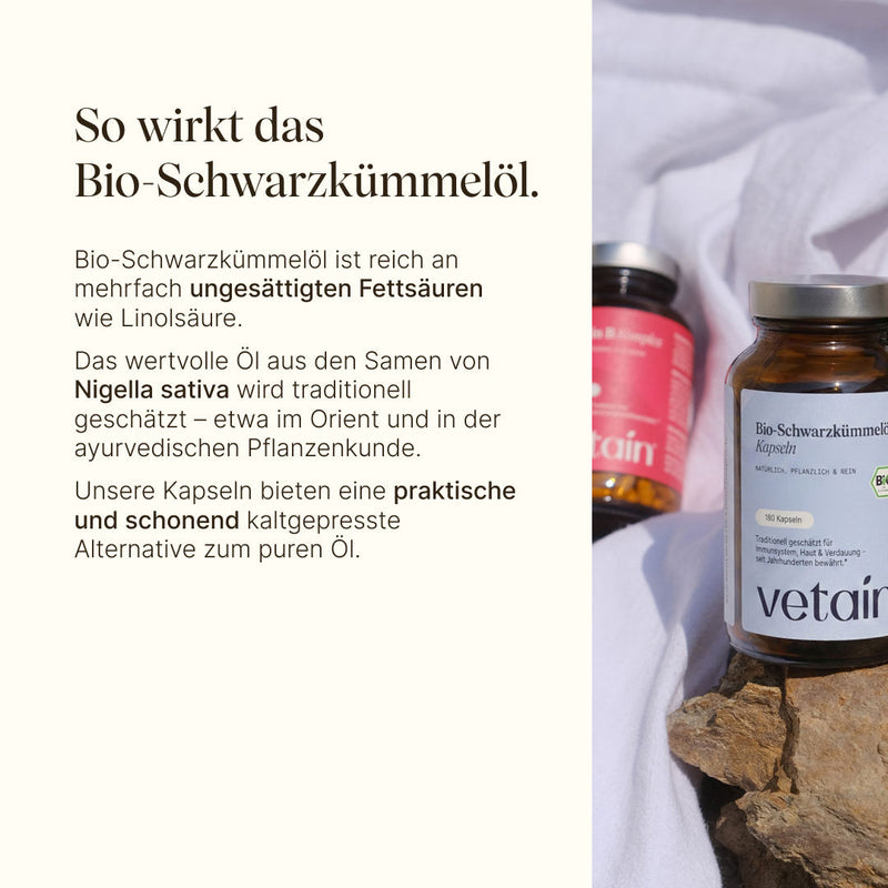 Auflistung der Wirkungsweise von Schwarzkümmelöl und zu was dieses alles beiträgt wie dass es reich an mehrfach ungesättigten Fettsäuren wie Linolsäure ist, traditionell im Orient und ayurvedischen Pflanzenkunde geschätzt wird und es schonend kaltgepresstes Öl ist
