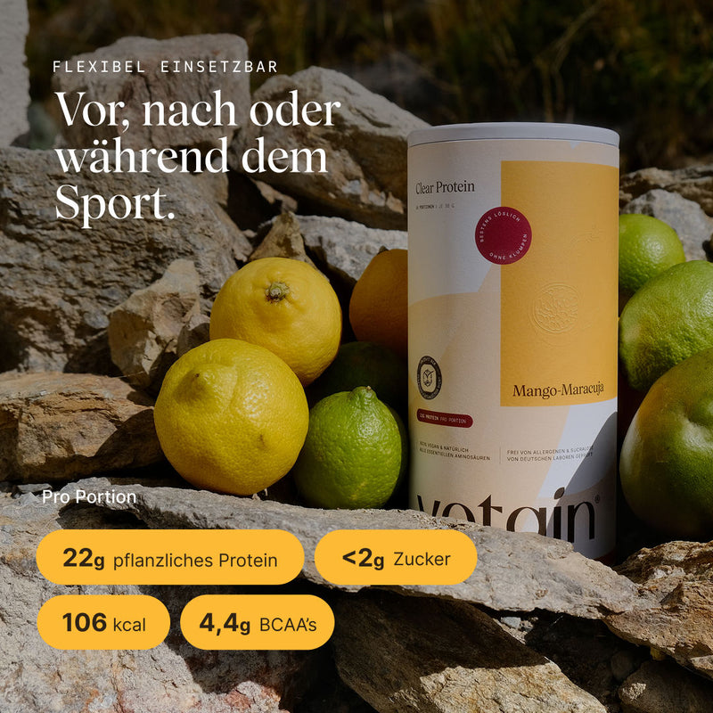 veganes Clear Protein Mango-Maracuja: Einsatzmöglichkeiten, Nährwertangaben pro Portion mit 22g Protein und 106kcal