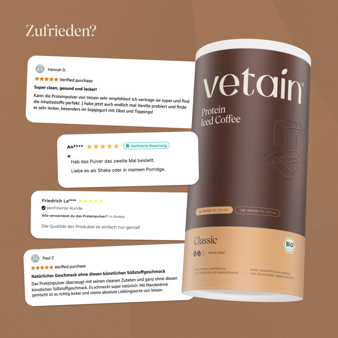 Glückliche Kundenbewertungen von Vetain. Zufriedene Social Media Kommentare und Bewertungen über das vegane Proteinpulver Iced-Coffee von Vetain.