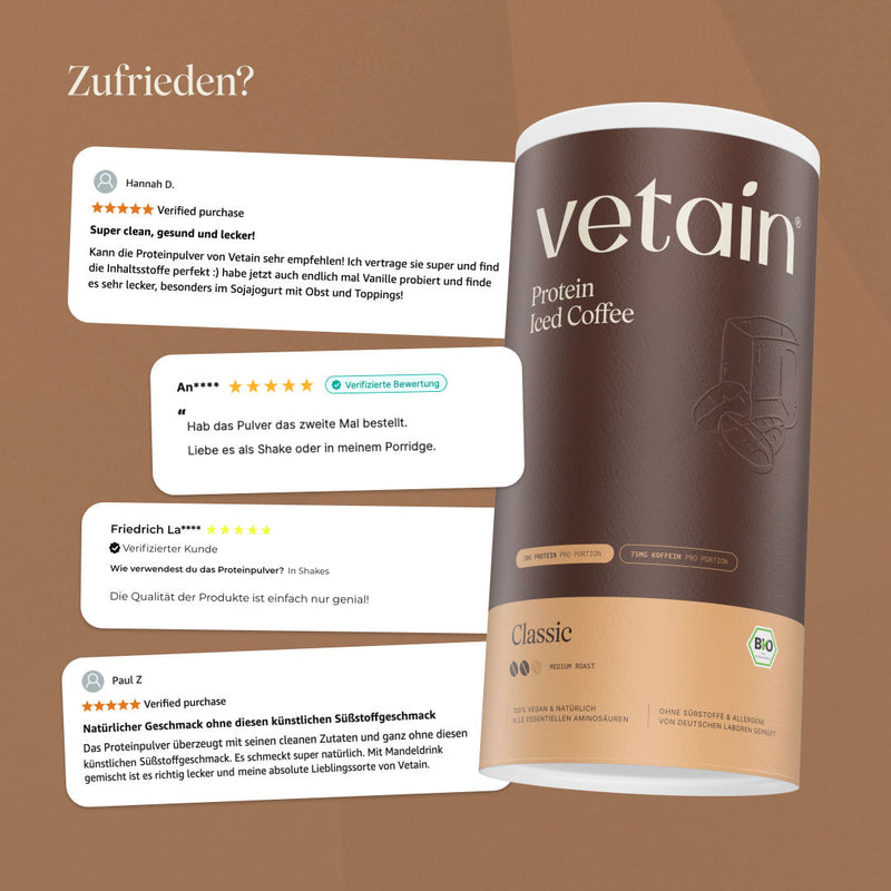 Glückliche Kundenbewertungen von Vetain. Zufriedene Social Media Kommentare und Bewertungen über das vegane Proteinpulver Iced-Coffee von Vetain.