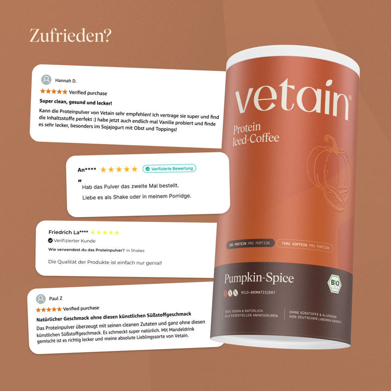 Glückliche Kundenbewertungen von Vetain. Zufriedene Social Media Kommentare und Bewertungen über das vegane Proteinpulver Iced-Coffee Pumkin Spice von Vetain.