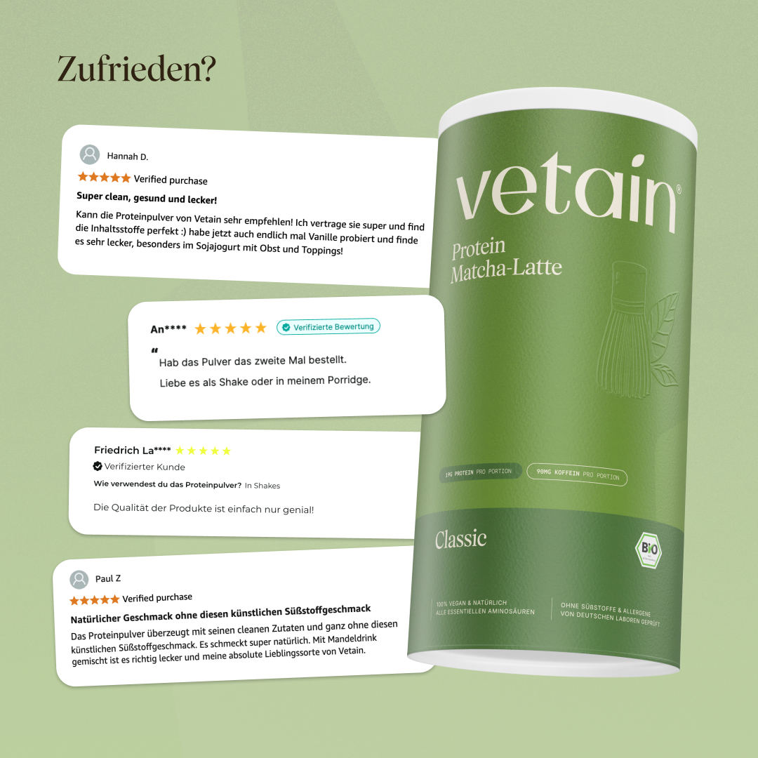 Glückliche Kundenbewertungen von Vetain. Zufriedene Social Media Kommentare und Bewertungen über das vegane Proteinpulver Matcha von Vetain.