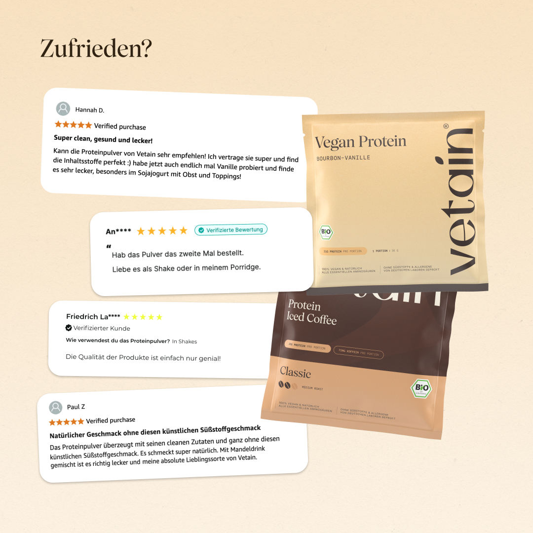 Glückliche Kundenbewertungen von Vetain. Zufriedene Social Media Kommentare und Bewertungen über das vegane Proteinpulver Banane von Vetain.