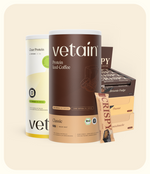 Iced-Coffee Poteinpulver von Vetain, Clear Protein von Vetain, vegane Proteinriegel Peanut und Schoko