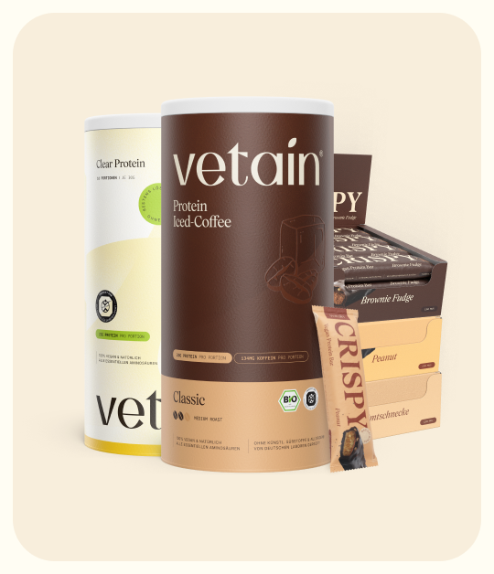 Iced-Coffee Poteinpulver von Vetain, Clear Protein von Vetain, vegane Proteinriegel Peanut und Schoko