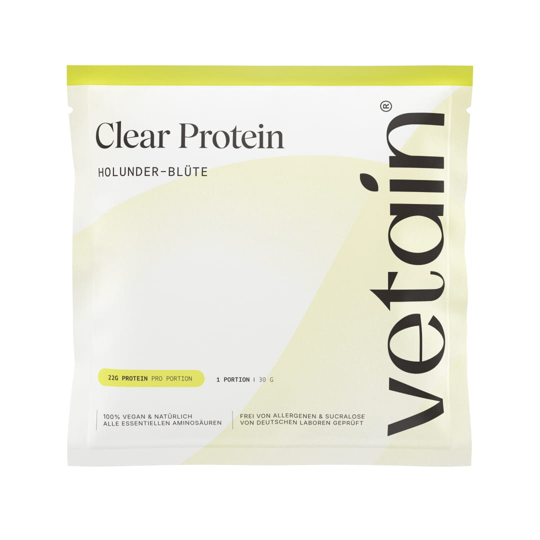 etain Clear Protein sample pack in Elderflower flavor – single sachet with 30 g (1 serving, 22 g protein), 100% vegan, free from allergens and sucralose.