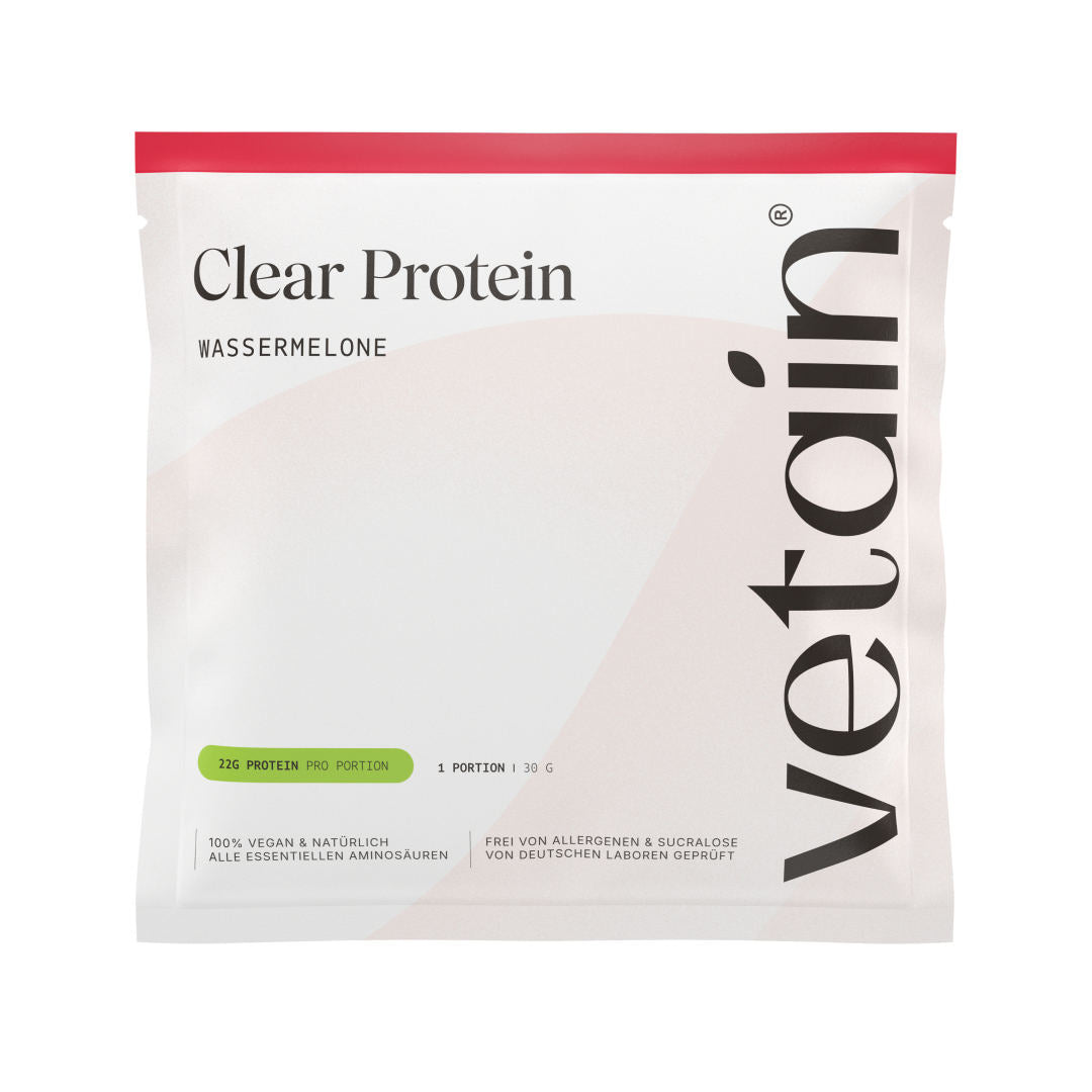 Vetain Clear Protein sample pack in Watermelon flavor – single sachet with 30 g (1 serving, 22 g protein), 100% vegan, free from allergens and sucralose.
