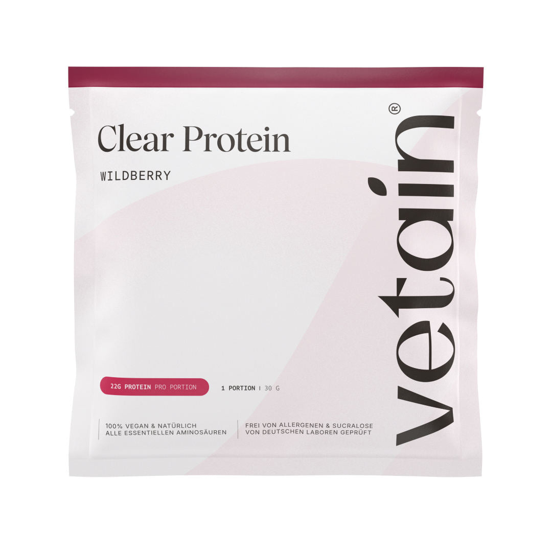 Vetain Clear Protein sample pack in Wildberry flavor – single sachet with 30 g (1 serving, 22 g protein), 100% vegan, free from allergens and sucralose.