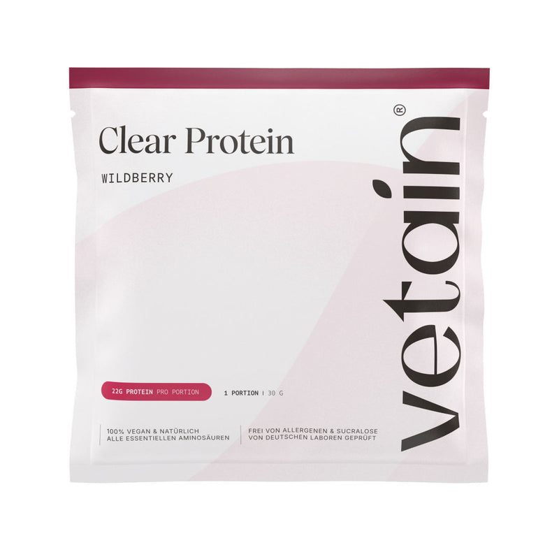 Vetain Clear Protein sample pack in Wildberry flavor – single sachet with 30 g (1 serving, 22 g protein), 100% vegan, free from allergens and sucralose.
