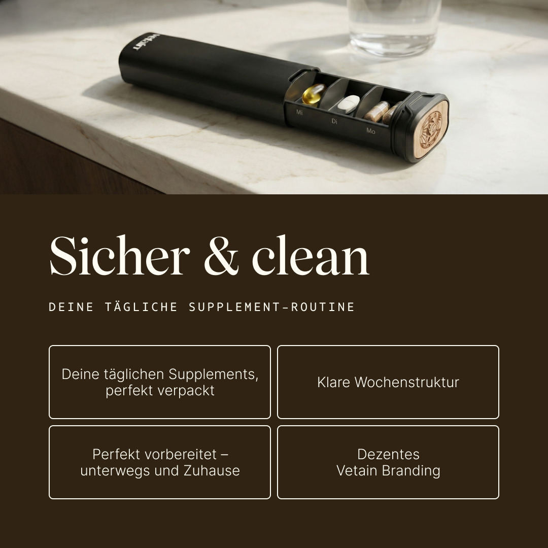 Schwarze Tablettenbox von Vetain. Sicher & clean. Deine täglichen Supplements, perfekt verpackt; Perfekt vorbereitet - unterwegs und Zuhause, klare Wochenstruktur, Dezentes Vetain Branding