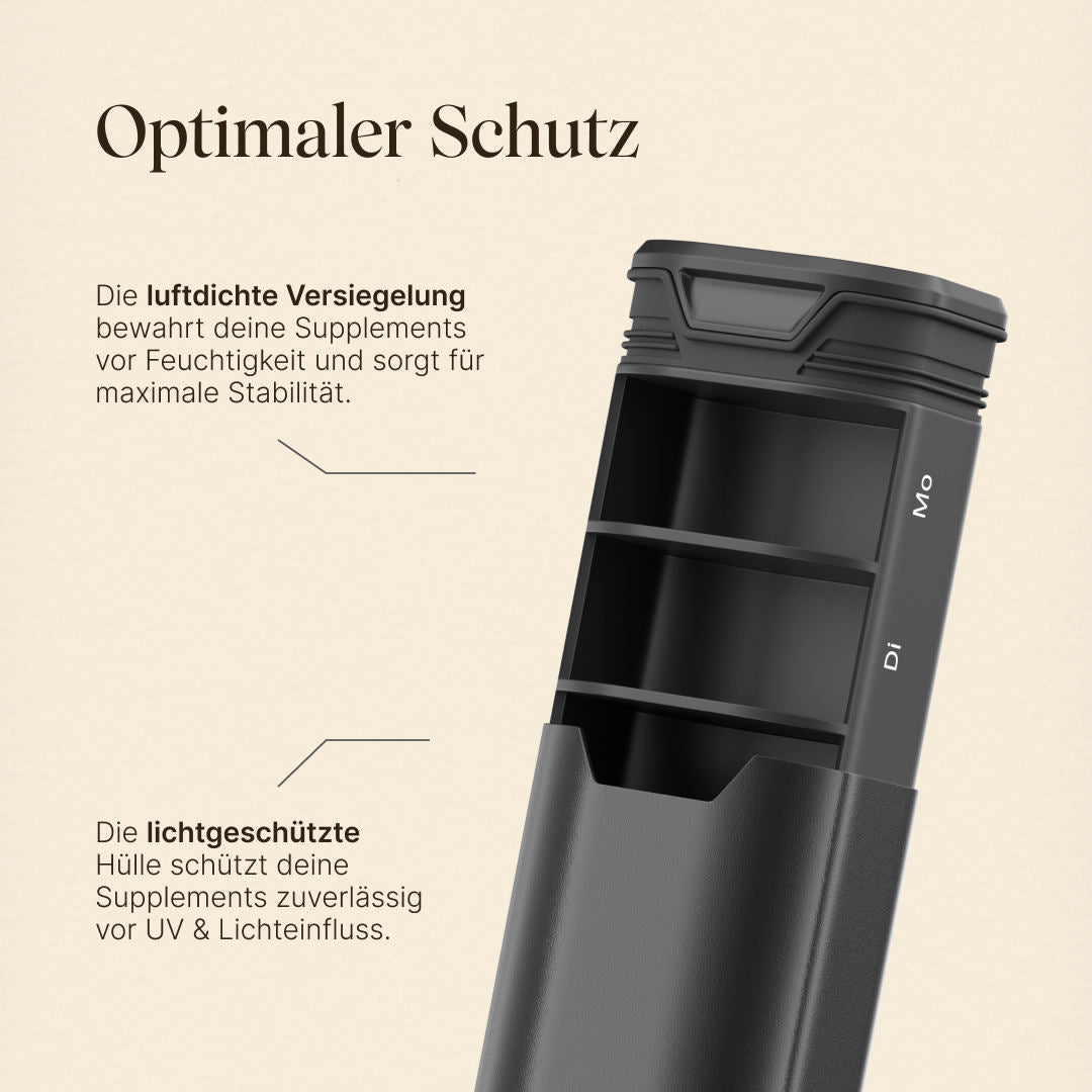 Vetain schwarze Tablettenbox mit optimalem Schutz. Luftdichte Versiegelung bewahrt vor Feuchtigkeit und Lichtschutz schützt vor UV & Lichteinfluss
